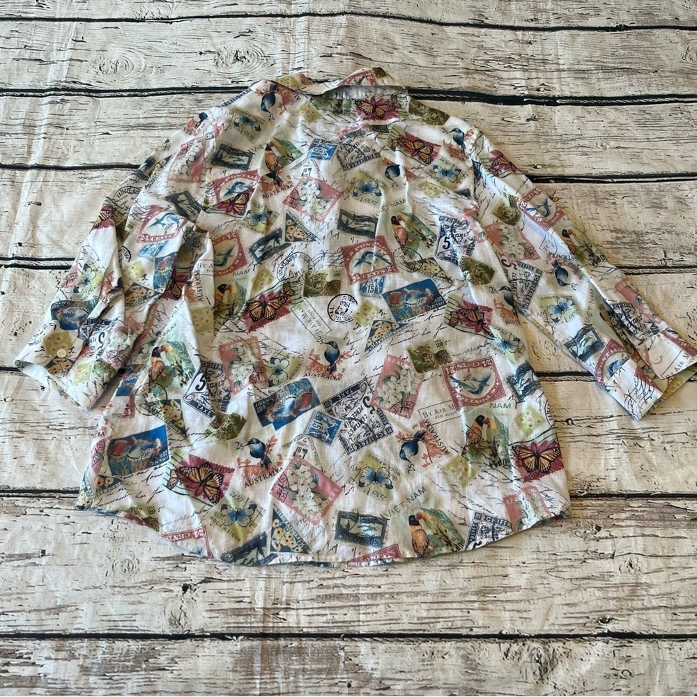 Chico's Linen Stamp Travel Printed 3/4 Sleeve Blouse Size 1(M) - Picture 7 of 9